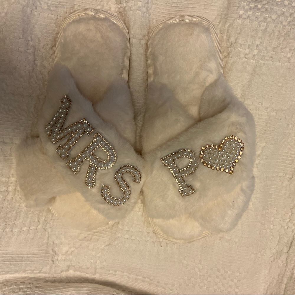 White Bridal Slippers with Rhinestone Lettering P
